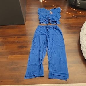 FANCYINN Womens 2 Pieces Outfits Deep V Neck Crop Top Side Slit Drawstring Wide